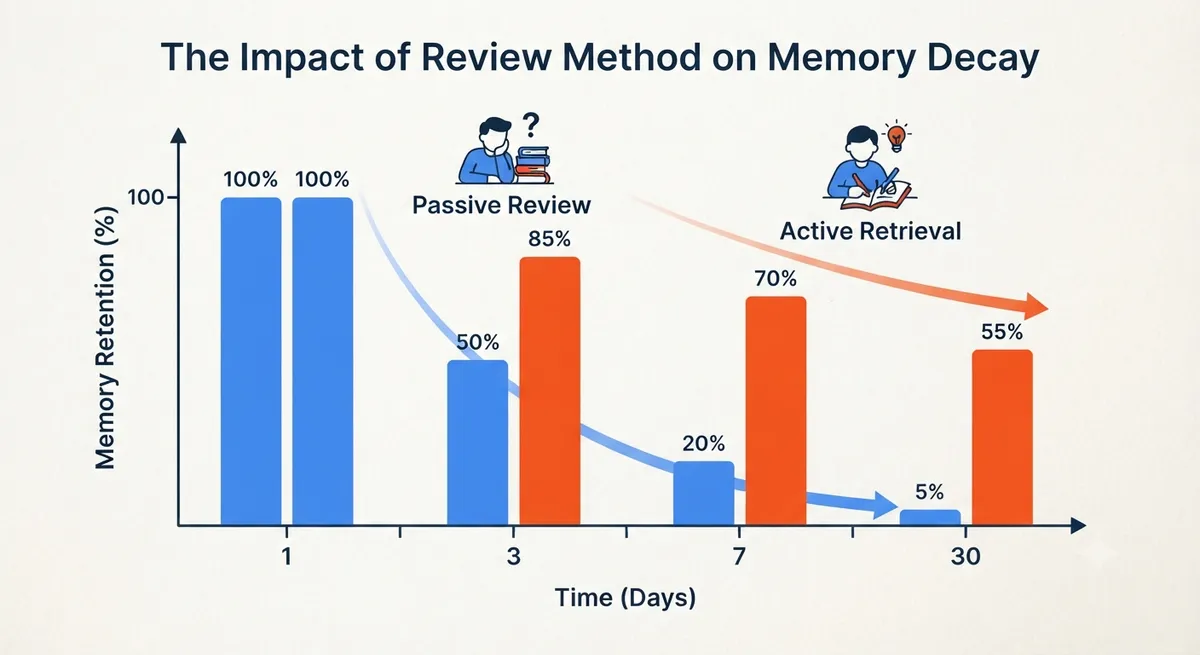Gráfico comparando la retención de memoria entre releer apuntes y practicar active recall