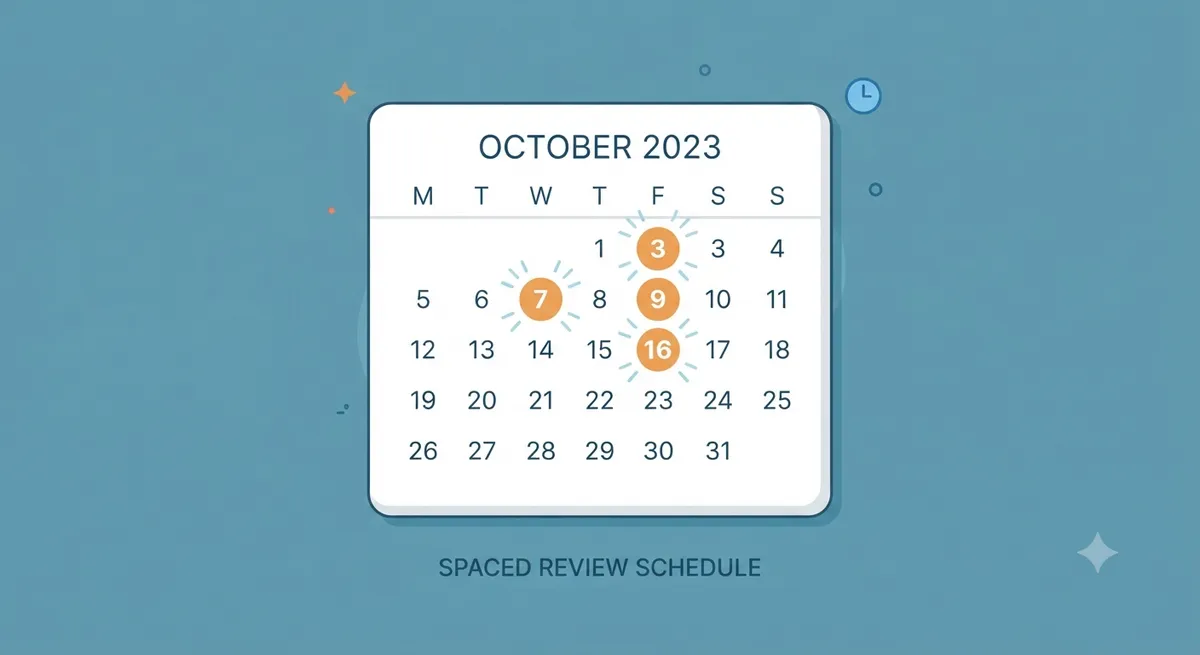 Calendario mostrando cómo espaciar las sesiones de active recall en el tiempo