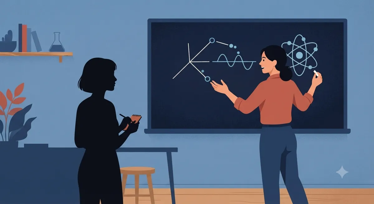 Ilustración de la técnica Feynman: explicar un concepto complejo con un dibujo simple en una pizarra