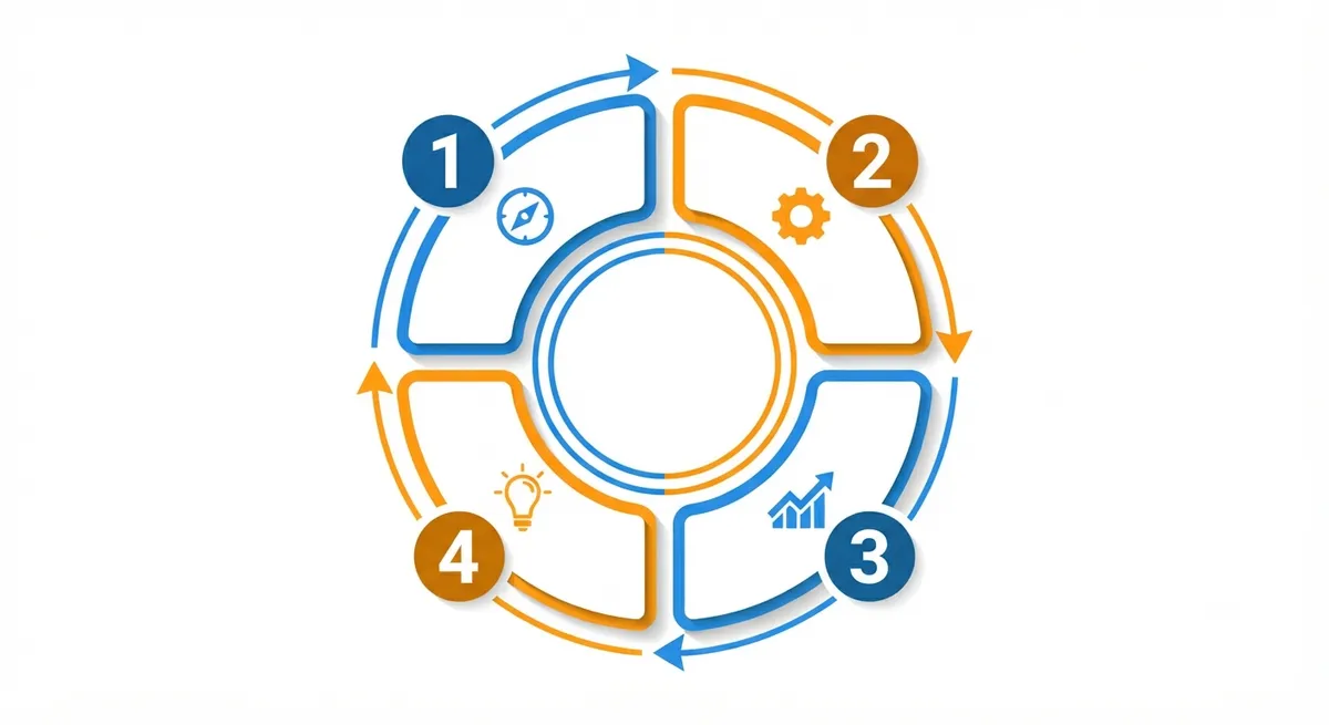 Diagrama circular con los 4 pasos de la técnica Feynman: elegir concepto, explicar simple, detectar huecos, simplificar