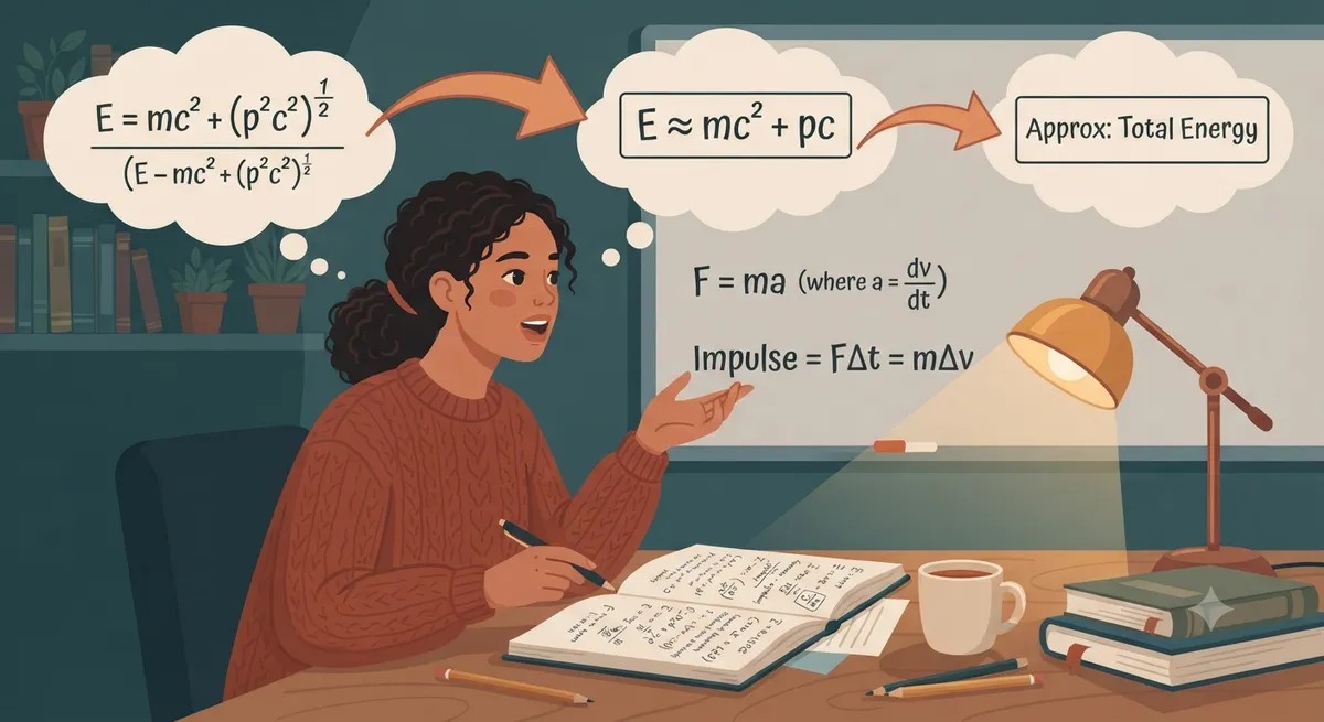 Estudiante aplicando la técnica Feynman a un problema de física, simplificando una fórmula compleja